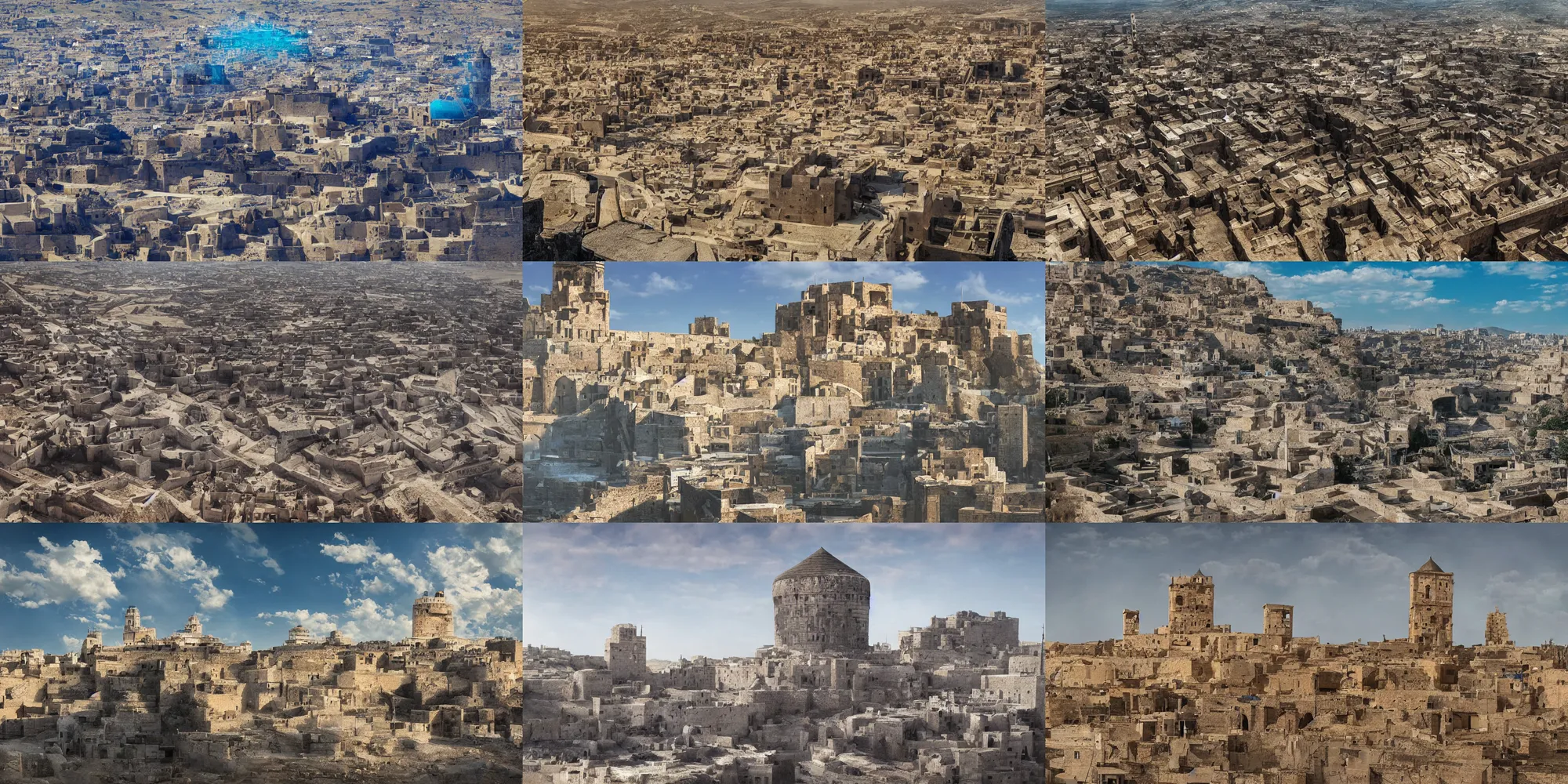 Prompt: citadel of erbil, old town mardin, kurdistan, dramatic, atmospheric, photorealistic, bright blue sky, wide establishing shot, cityscape, octane render, rtx, hdr, unreal engine, concept art by sparth, jordan grimmer, studio ghibli