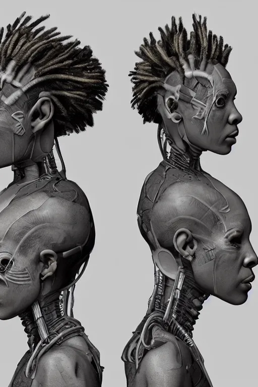 Image similar to african dreadlock hairstyles!! cyborg female with gunmetal grey skin, medical anatomy, paneled face, highly detailed, mecha, mechanical implants, three - perspective / three - view reference sheet ( front / back / side ), in the style of dan ouellette, dren from splice, hr giger, sil from species, artstation, unreal engine