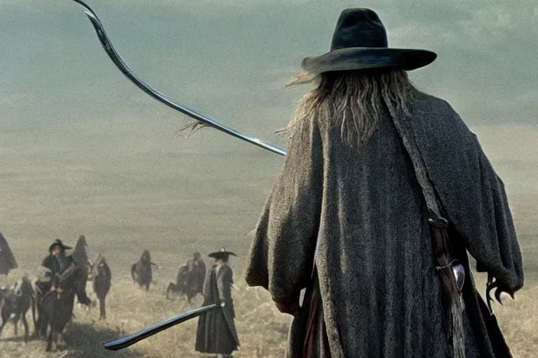 Image similar to Gandalf wearing a cowboy hat, from behind, full body view. Movie still from lord of the rings the fellowship of the ring.