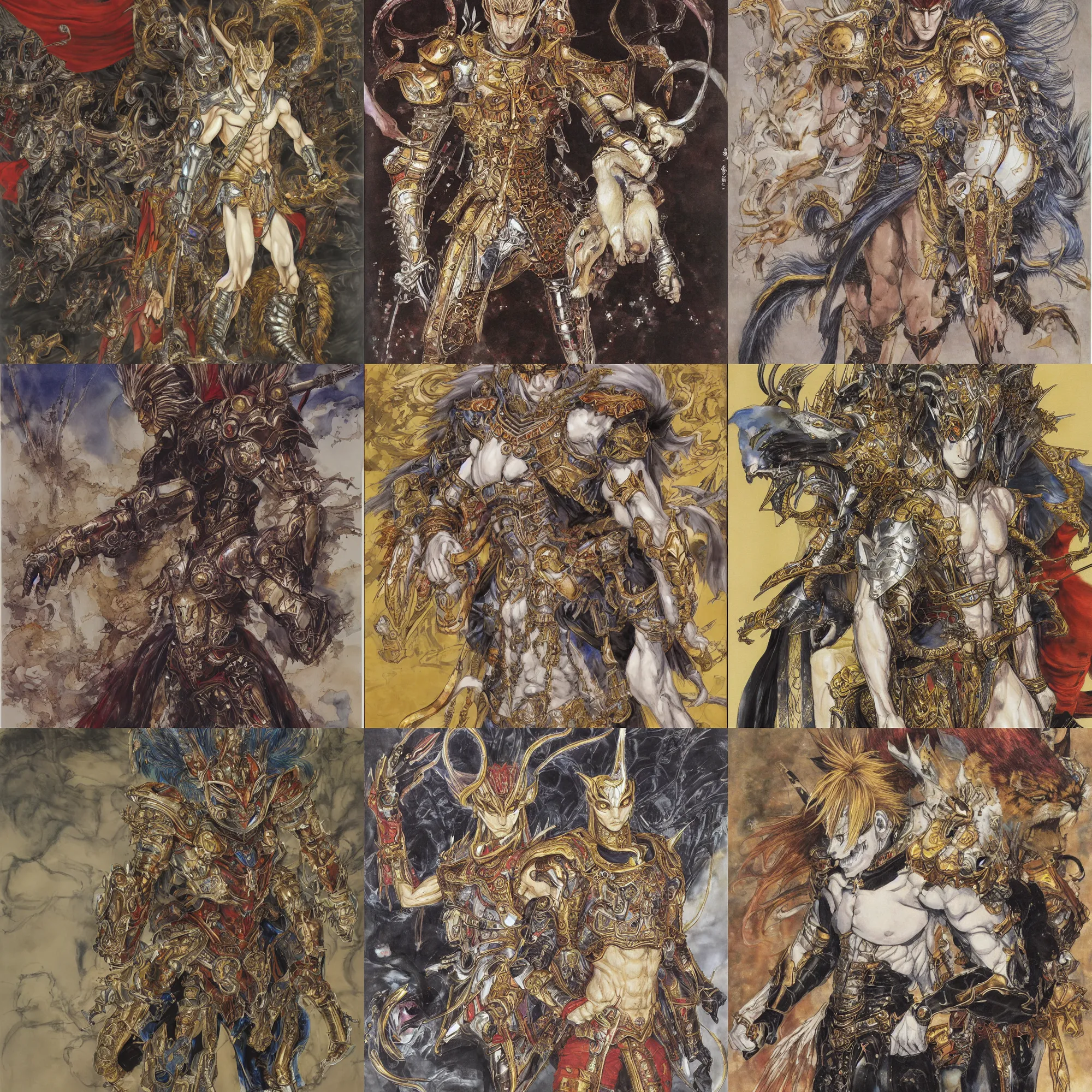 Image similar to 8k Yoshitaka Amano painting of upper body of a young cool looking slim caracal beast-man with white mane at a royal palace. He is wearing complex fantasy armors. Renaissance style.