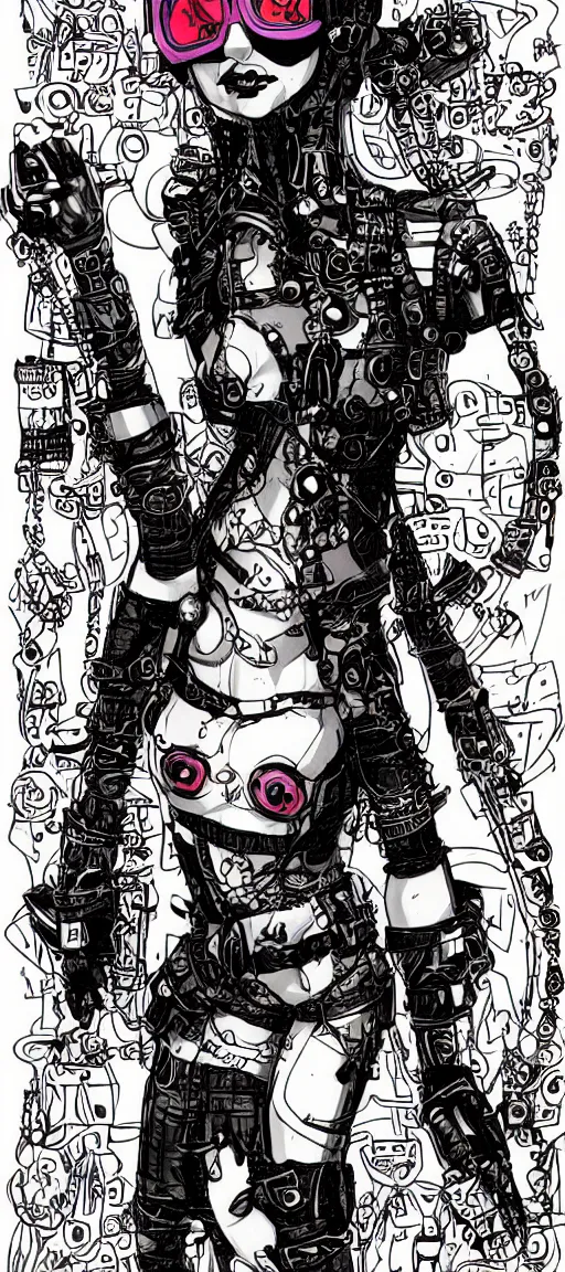 Image similar to a cybergoth woman wearing goggles and eccentric jewelry by jamie hewlett :: full body character concept art, detailed, intricate