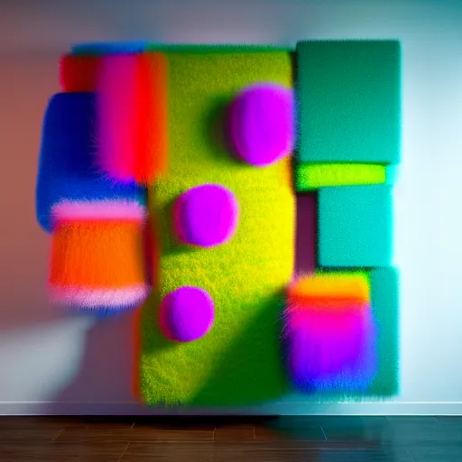 Image similar to : colorful abstract fuzzy sculpture on the wall in modern architecture, cinematic lighting, hyper - realistic, detailed, render by c 4 d octane, unreal engine, 8 k 3 d render