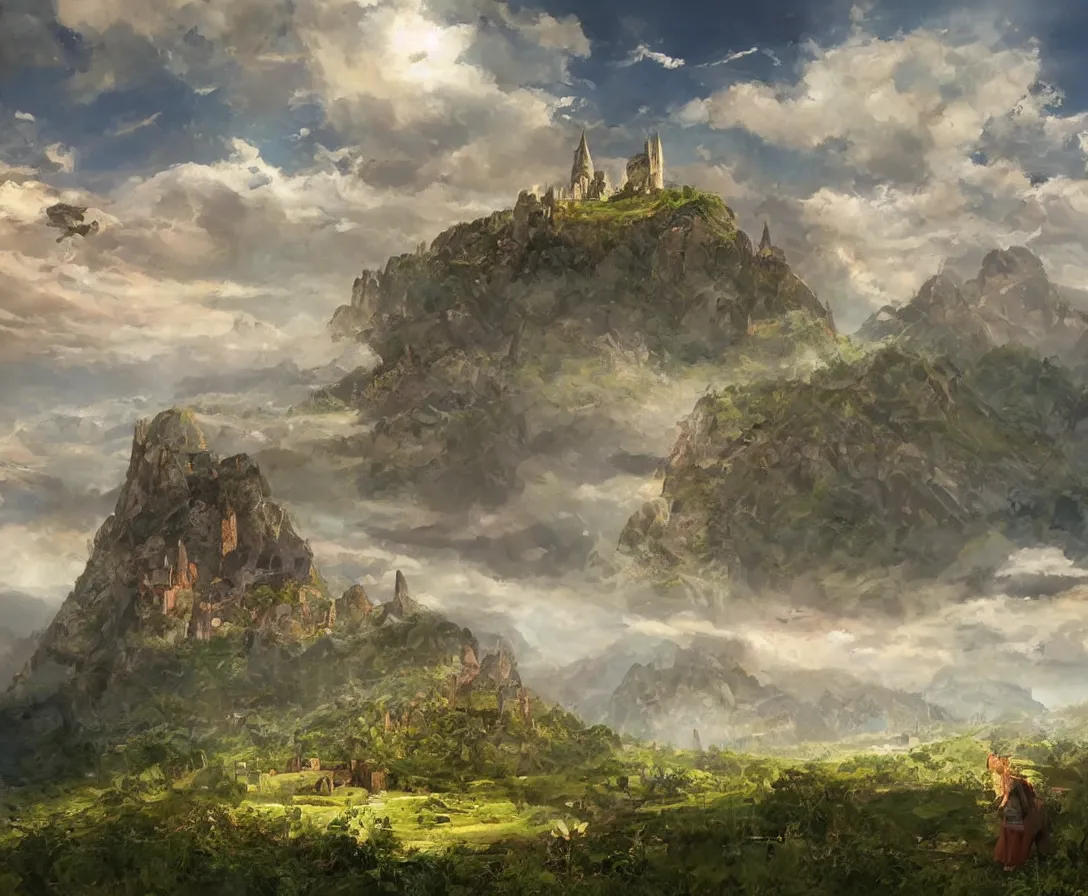 Image similar to Vast verdant empty flat valley surrounded by Transylvanian mountains. A huge zeppelin in the sky among colorful clouds. A ruined medieval castle on the hillside in the background. No villages or buildings. Late warm evening light in the summer, gloomy weather. High quality, fantasy art by Rhads.