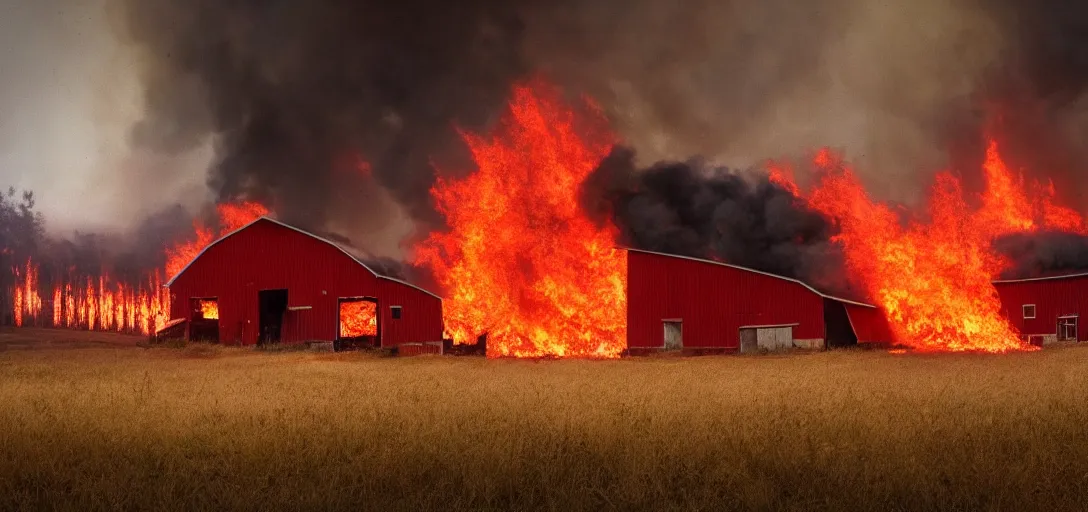 Prompt: full portrait of a modern red farm::forest behind the barn is on fire:: inferno, smoke, flames, dark, gloomy, horror, screaming:: insanely detailed, photorealistic:: cinematic, dramatic lighting,