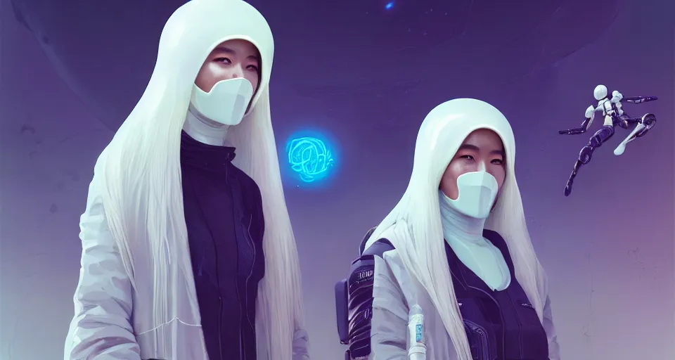 Image similar to portrait of yael shelbia and kang seul - gi, venus squid astronaut, burka, white hair, intricate design details. cyberpunk, rioter, by ruan jia and beeple. smooth gradients, deep space.