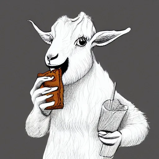 Prompt: a goat with a churro in its mouth, high quality digital line art