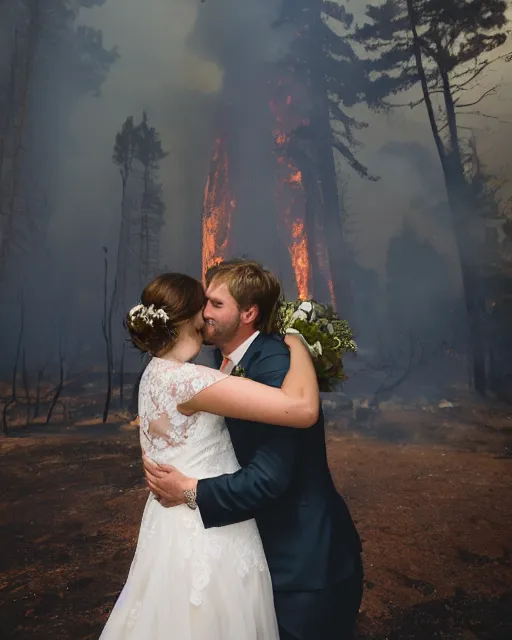 Prompt: a bride and groom embrace next to a raging forest fire, wedding photography