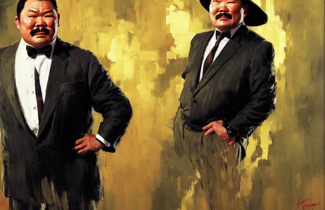 Image similar to portrait of oddjob harold sakata from james bond!!!!!!!!!!!!!!!!!!!!!!!!!!!, detailed face, detailed painting, epic lighting, by ilya repin, phil hale and kent williams