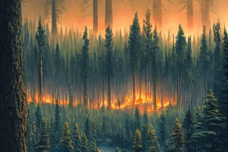Prompt: beautiful view of a swedish forest, distant forest fire, highly detailed, hyperrealistic, very sharp focus, intricate, soft lighting, wide shot photograph, digital painting by simon stålenhag