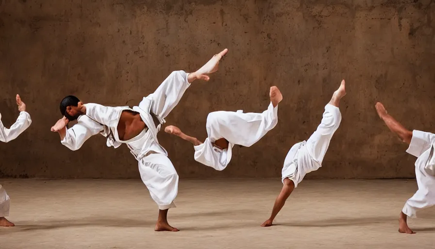 Prompt: capoeira roda in theatre museum dali, national geographic photography,