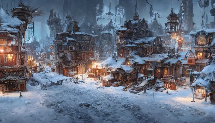 Prompt: steampunk village under lot of snow, hyperdetailed, artstation, cgsociety, 8k