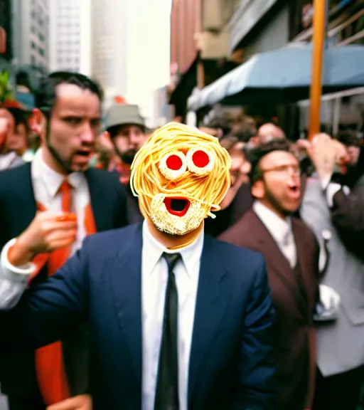 Image similar to man in a suit with spaghetti face screaming in a crowd in san - francisco, film photography, direct flash, kodak portra 4 0 0,