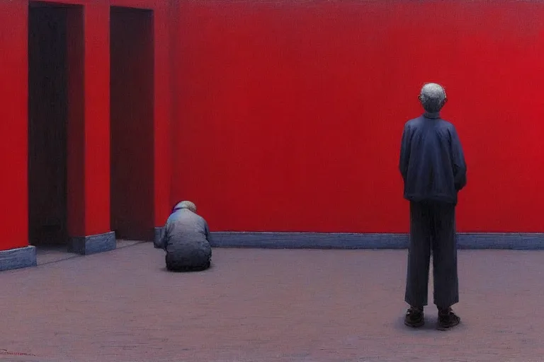 Image similar to only with red, a red old man try to sell a portrait, a crowd cheering, in a city square, in the style of beksinski, parts by edward hopper, parts by rodcenko, parts by yue minjun, intricate and epic composition, red by caravaggio, insanely quality, highly detailed, masterpiece, red light, artstation, 4 k