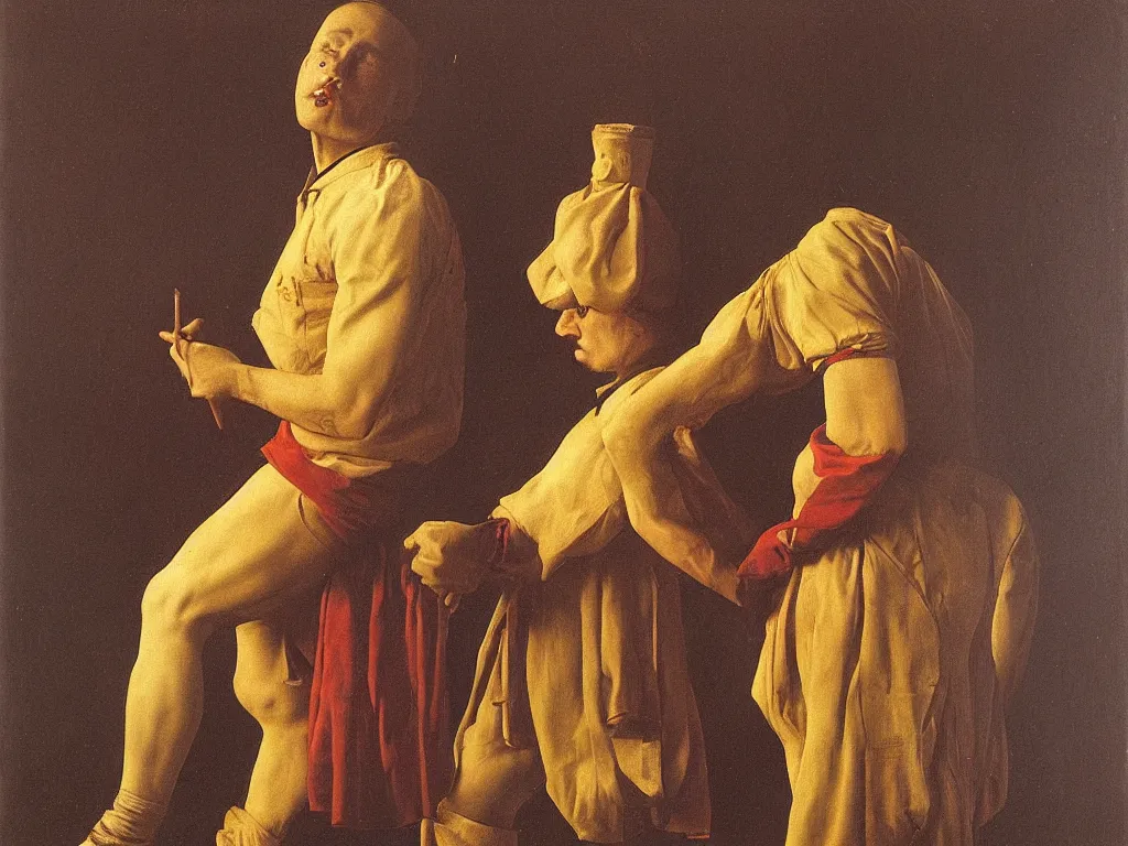 Image similar to portrait of circus performer. painting by georges de la tour, jan van eyck, august sander.