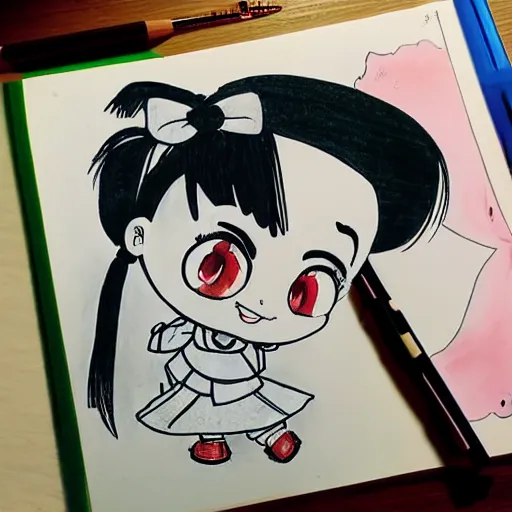 Image similar to a perfect professional sketch of a funny and cute Japanese schoolgirl, by ink pen with a few colored pens, in style of Disney Pixar, CalArts, on high quality paper
