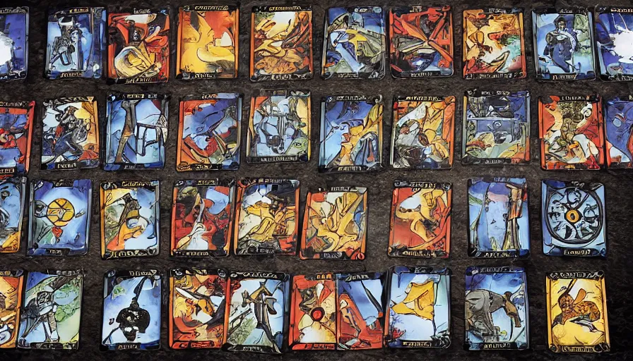 Image similar to a set of Counter Strike tarot cards laid out on a table