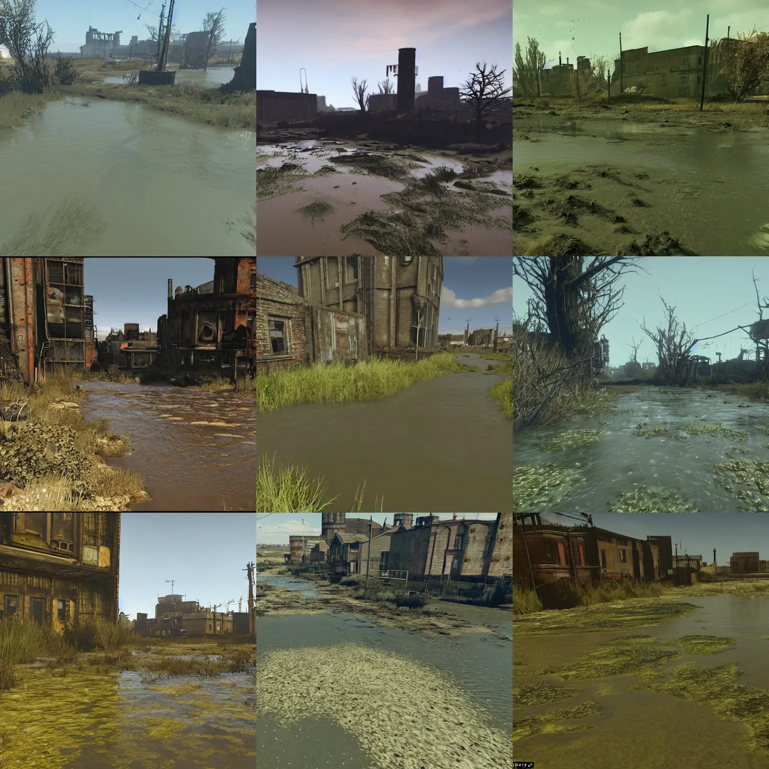 Prompt: algae on the river stour in a desolate and decrepit canterbury, radioactive wasteland, screenshot from'fallout 4'