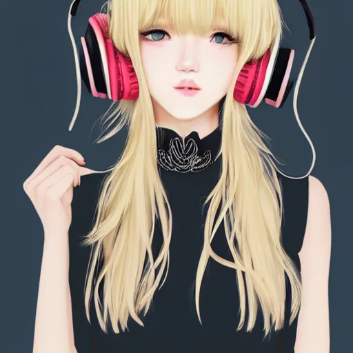 Image similar to realistic beautiful gorgeous natural cute Blackpink Lalisa Manoban blonde hair cute fur blonde cat ears, wearing camisole, wearing headphones, wearing black leather choker artwork drawn full HD 4K highest quality in artstyle by professional artists WLOP, Taejune Kim, Guweiz on Artstation Pixiv