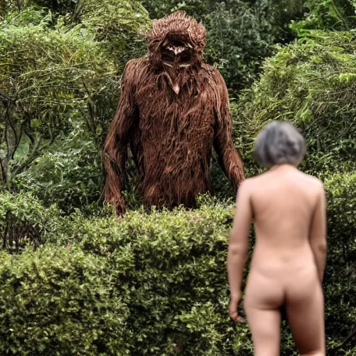 Image similar to a humanoid monster emerging from the shrubs