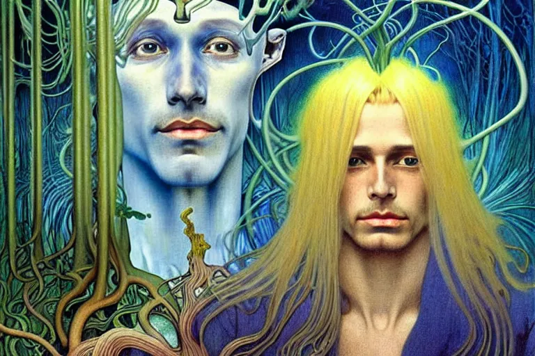 Image similar to realistic detailed portrait painting of a beautiful ghost man with blond hair with an alien, futuristic sci-fi forest on background by Jean Delville, Amano, Yves Tanguy, Alphonse Mucha, Ernst Haeckel, Edward Robert Hughes, Roger Dean, rich moody colours, blue eyes