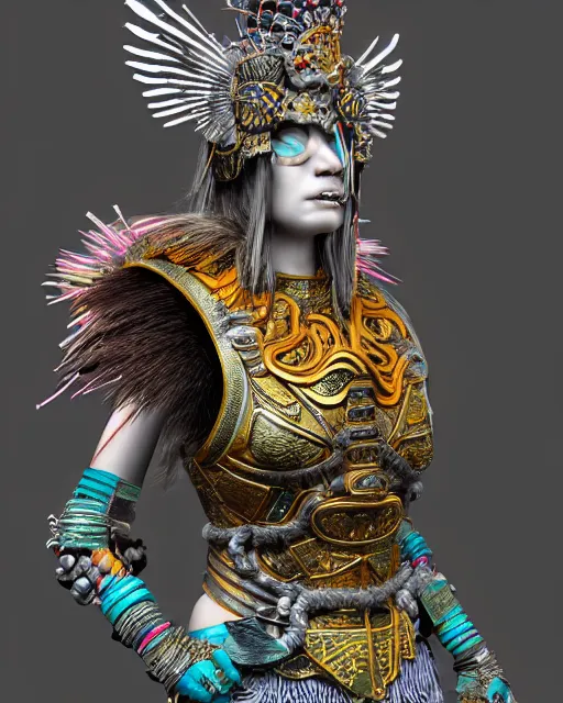 Image similar to 3 d warrior goddess medium shot portrait. beautiful hyperrealistic intricate highly detailed magpie helm broken armor, kintsugi, quetzalcoatl, korean hanbok, bioluminescent, plasma, lava, ice, feather, artwork by tooth wu and chiara bautista, octane 3 d render