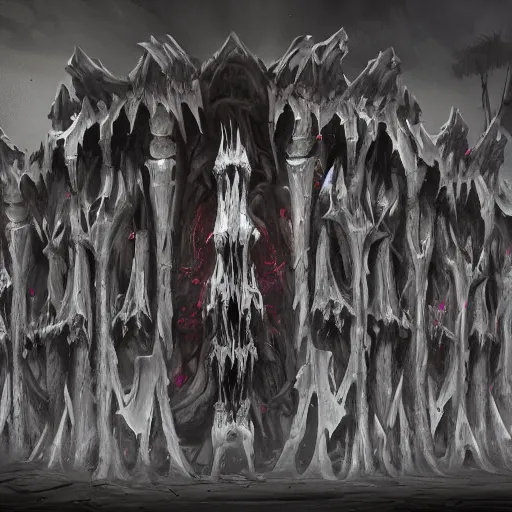 Prompt: a demon wall towers made of bones, bone walls, bones on the walls, violet battlefield theme, dark art masterpiece artstation. 8 k, sharp high quality artwork in style of jose daniel cabrera pena and greg rutkowski, concept art by tooth wu, blizzard warcraft artwork, hearthstone card game artwork, wall made of bones