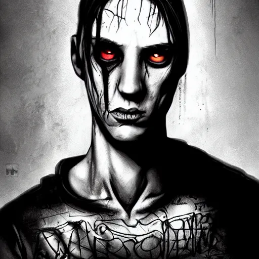 Image similar to michael karcz grunge drawing of eminem. , in the style of corpse bride, loony toons style, horror themed, detailed, elegant, intricate, trending on artstation, 4k