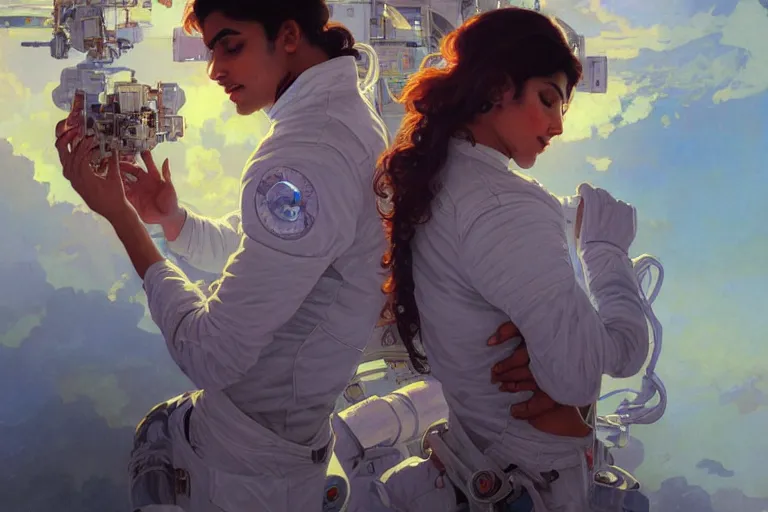 Prompt: Euphoric good looking pale young Indian doctors wearing jeans in a space station above Earth, portrait, elegant, intricate, digital painting, artstation, concept art, smooth, sharp focus, illustration, art by artgerm and greg rutkowski and alphonse mucha