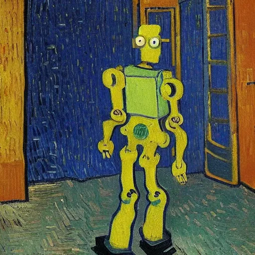 Prompt: A robot walking in the backrooms, painted by Vincent Van Gogh