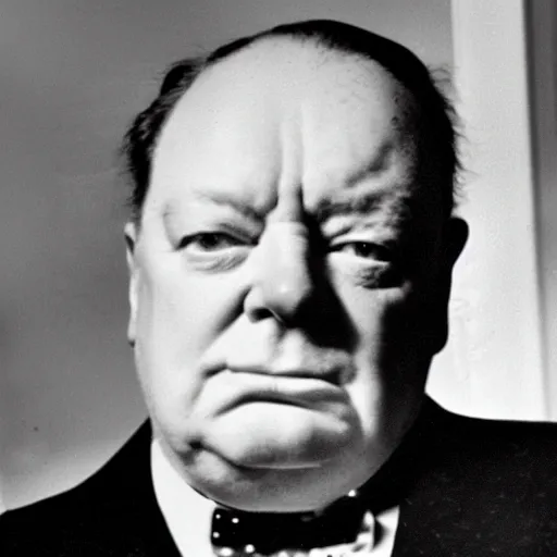 Image similar to A black and white photograph, circa 1940s, of Winston Churchill using a smartphone