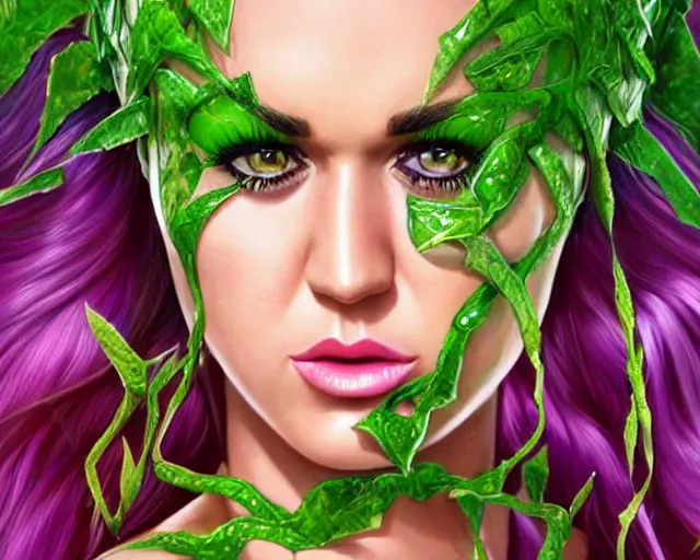 Image similar to hyper - realistic digital art, katy perry as a poison ivy, intense fan art, perfectly detailed, perfect human figure, comic book cover art, sharp, smooth, ultra fine detail, art by artgerm, wlop, rutkowski