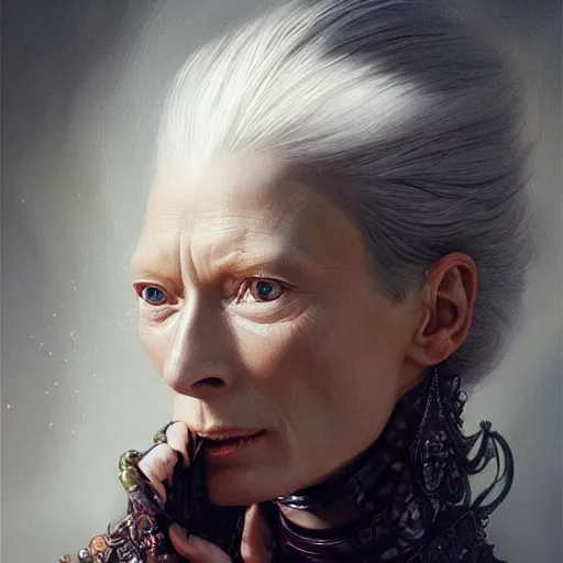 Image similar to ultra realistic illustration, tilda swinton from diablo, intricate, elegant, highly detailed, digital painting, artstation, concept art, smooth, sharp focus, illustration, art by artgerm and greg rutkowski and alphonse mucha