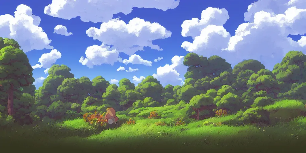 Prompt: landscape, summer, morning, beautiful cloud, quiet, no people, Ghibli, Anime Background, Miyazaki Hayao, concept art, illustration,smooth, sharp focus, intricate, super wide angle, trending on artstation, trending on deviantart, pixelart