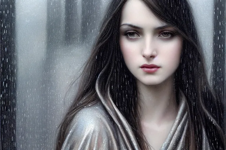 Image similar to highly detailed portrait of a beautiful girl in the rain with wet dark hair and pale skin, ornate elegant silver robes, fantasy, intricate, elegant, dramatic lighting, emotionally evoking symbolic metaphor, highly detailed, lifelike, photorealistic, digital painting, artstation, concept art, smooth, sharp focus, illustration, art by John Collier and Albert Aublet and Krenz Cushart and Artem Demura and Alphonse Mucha