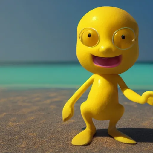 Image similar to a supercute lemon cartoon character, that is fit and good looking, it's is relaxing on a beach, inspired by dalle - 2, octane render, 3 d, volumetric lightening,