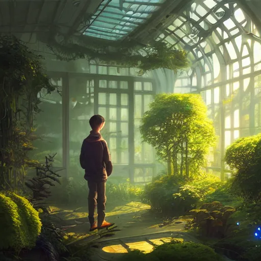 Image similar to , boy with grandma in scifi green house, spaceship, plants, stephen bliss, misty, unreal engine, fantasy art by greg rutkowski, loish, ferdinand knab, and lois van rossdraws, global illumination, radiant light, minimalist, detailed and intricate environment