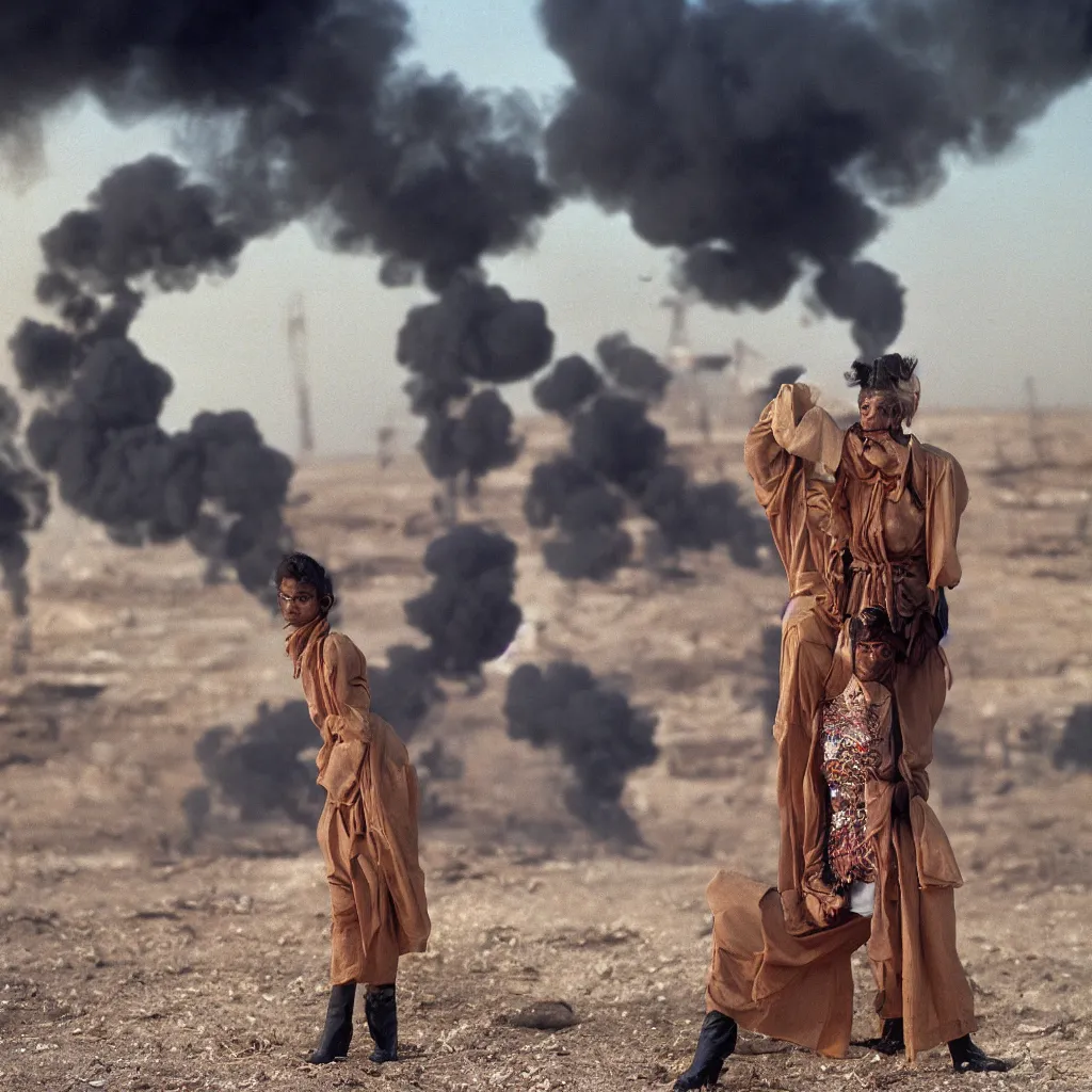 Image similar to portrait photograph fashion editorial in Kuwait oil fields fire. 1991. wide angle shot. highly detailed. depth of field. high definition. 8k. photography.