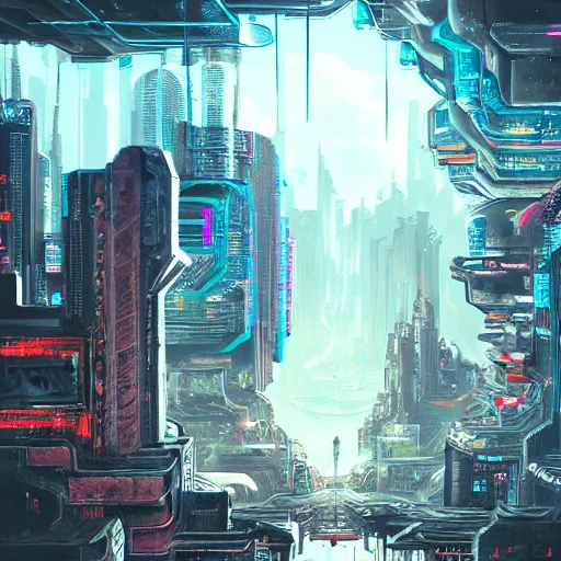 Image similar to fantasy cat looking down on huge cyberpunk style city, high detail, fantasy art, concept art, 4 k, ultra detail, computer art