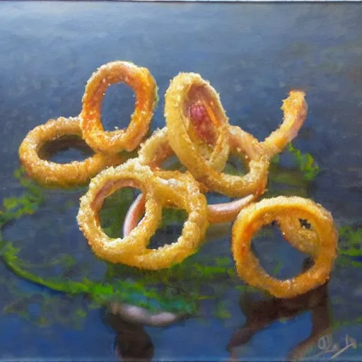 Prompt: Onion rings made out of crystal in a wetland, Oil painting