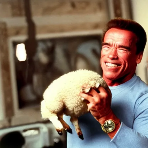 Image similar to arnold schwarzenegger lifting a sheep as nendoroid!, kodak film