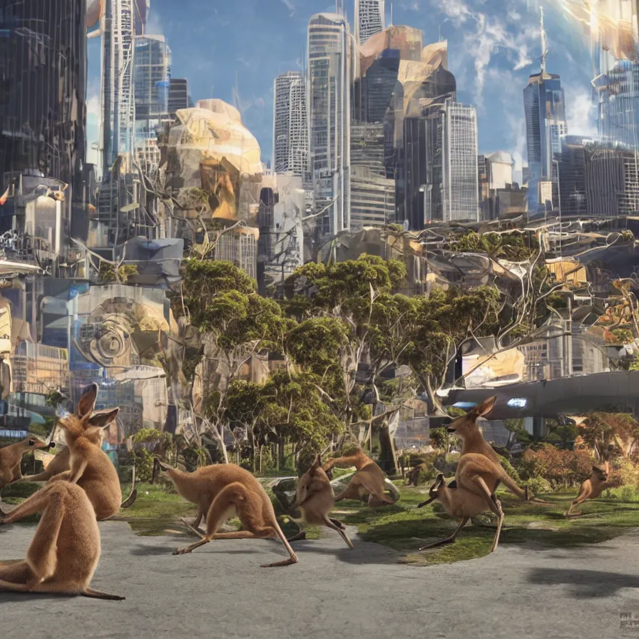 Image similar to sydney invaded by kangaroos in the future, hyperealistic very colourful hdr cinematic lighting cgi render photorealistic cinematic octane render