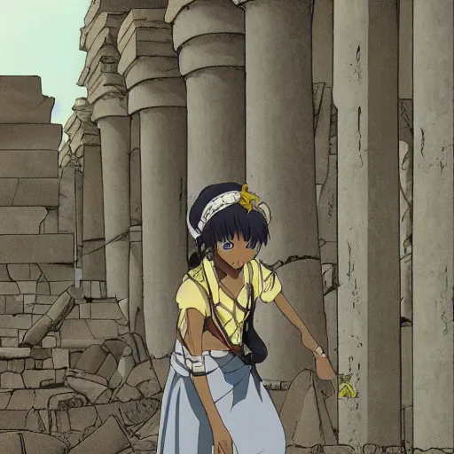 Prompt: a anime still of a black woman exploring ancient egypt ruins,madhouse