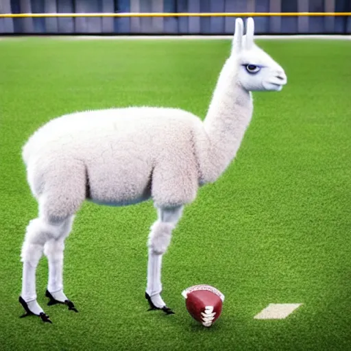 Prompt: llama in a football uniform playing football