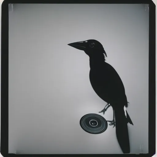 Prompt: close - up, photo of a magpie in a hoodie, holding a vinyl record, 9 0 - s, polaroid photo, by warhol,