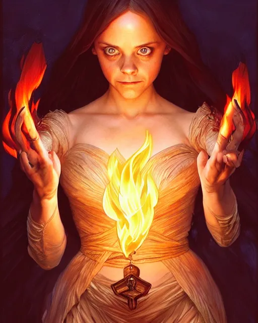 Image similar to Christina Ricci (2000) casting a fire spell, D&D, fantasy, intricate, elegant, highly detailed, digital painting, artstation, concept art, matte, sharp focus, illustration, hearthstone, art by Artgerm and Greg Rutkowski and Alphonse Mucha