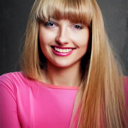 Prompt: digital art portrait of a happy woman with bangs and blonde hair wearing a pink dress