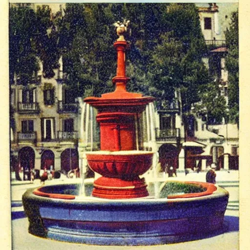 Image similar to coloured postcard of the fountain at la plaza mayor de madrid in 1 9 2 7 ; bromide real photo card with some additional hand - colouring