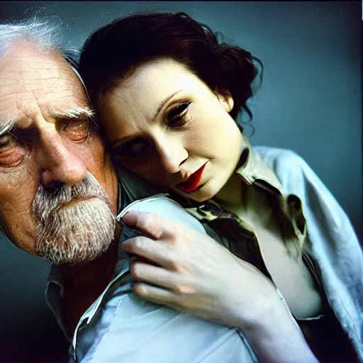 Prompt: a medium shot, colored studio photographic portrait of a old couple, dramatic, from below light, kodachrome camera, kodachrome, 1 9 9 9 photo from life magazine, editorial fashion photography