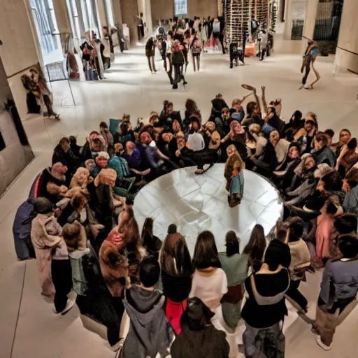 Image similar to A beautiful art installation of a group of people standing around a circular table. In the center of the table is a large, open book. The people in the art installation are looking at the book with interest and appear to be discussing its contents. Tumblr by Gareth Pugh, by Jan Pietersz Saenredam stormy