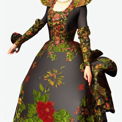 Image similar to highly detailed 3D render portrait young lady dressed in manga, floral renaissance dress